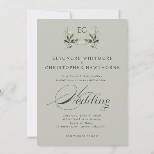 Invitation Mariage de photo de monogramme de branche d'olive (Devant)