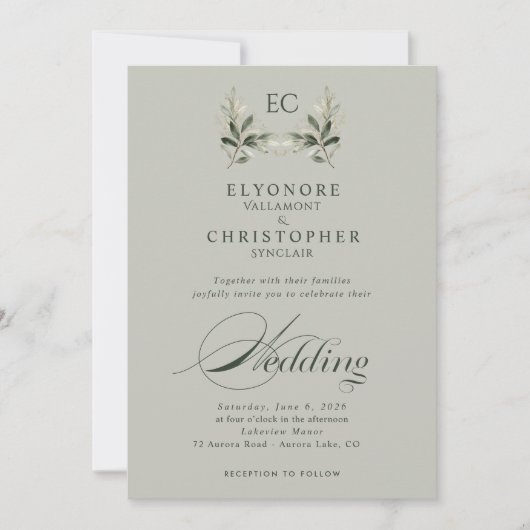 Invitation Mariage de photo de monogramme de branche d'olive (Devant)
