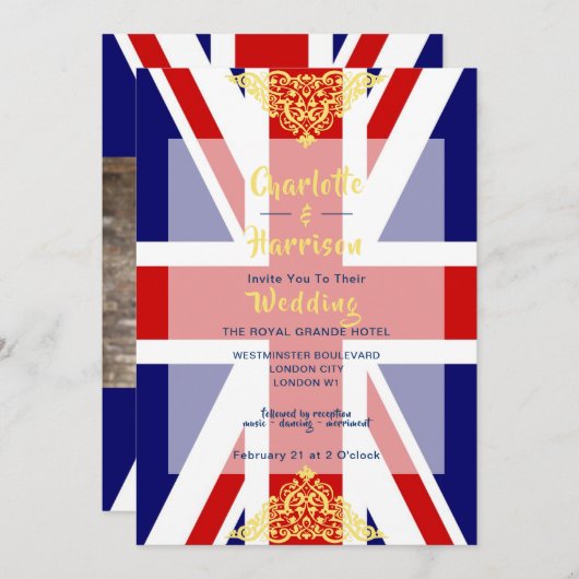 Invitation Mariage de photo en bleu rouge Union Jack (Devant / Derrière)