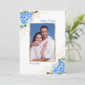 Invitation Mariage de photo florale aquarelle bleu or (Debout devant)