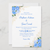 Invitation Mariage de photo florale aquarelle bleu or (Dos)
