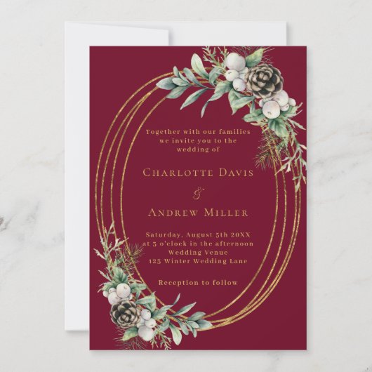 Invitation Mariage de pin de cône bordeaux verdure doré (Devant)