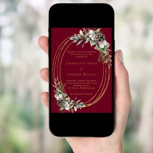 Invitation Mariage de pin de cône bordeaux verdure doré