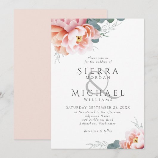 Invitation Mariage de pivoine rose rose rose rose flou modern (Devant / Derrière)