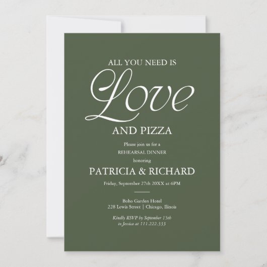Invitation Mariage de Pizza Vert Forêt Moderne Répétition (Devant)