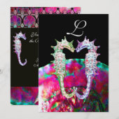 Invitation MARIAGE DE PLAGE À HIPOCAMPES, monogramme rose ble (Devant / Derrière)