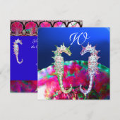 Invitation MARIAGE DE PLAGE À HIPOCAMPES, monogramme rose ble (Devant / Derrière)