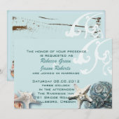 Invitation Mariage de plage aux coquillages bleus en bois élé (Devant / Derrière)