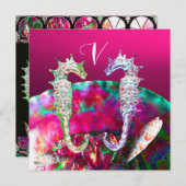 Invitation MARIAGE DE PLAGE AUX HIPPOCAMPI, Rose noir (Devant / Derrière)