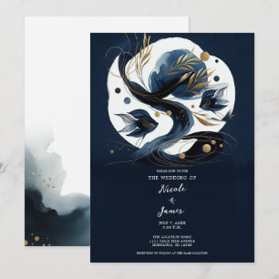 Invitation Mariage de plage aux poissons bleu marine et or