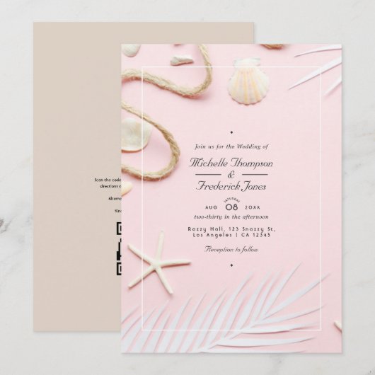 Invitation Mariage de plage avec code QR RSVP Rose poudré (Devant / Derrière)