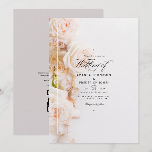 Invitation Mariage de plage avec QR Code RSVP Fleurs Élégante (Devant / Derrière)