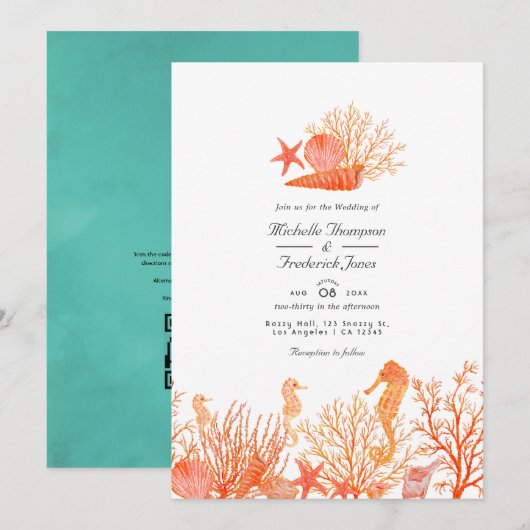 Invitation Mariage de plage avec QR Code RSVP Turquoise et Co (Devant / Derrière)