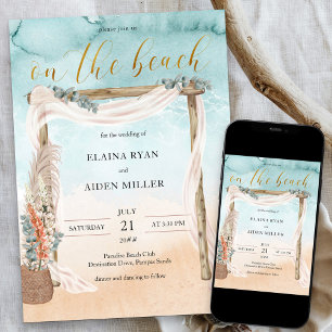 Invitation Mariage de plage bohème avec arche de jardin aquar
