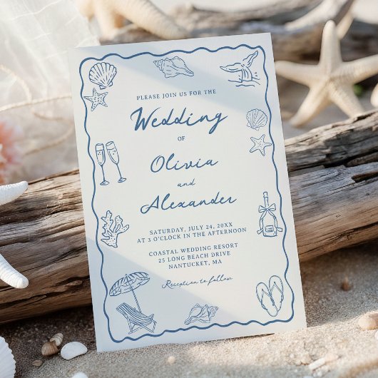 Invitation Mariage de plage côtier fantaisiste dessiné à la m