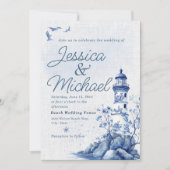 Invitation Mariage de plage côtière au phare bleu blanc (Devant)