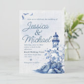 Invitation Mariage de plage côtière au phare bleu blanc (Debout devant)