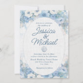 Invitation Mariage de plage côtière florale bleu blanc (Devant)
