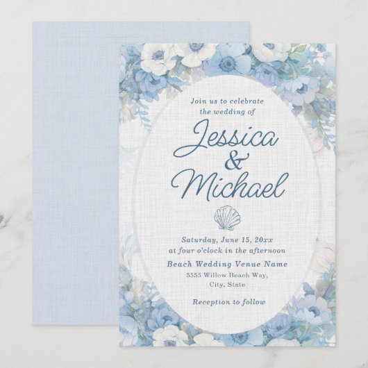 Invitation Mariage de plage côtière florale bleu blanc (Devant / Derrière)