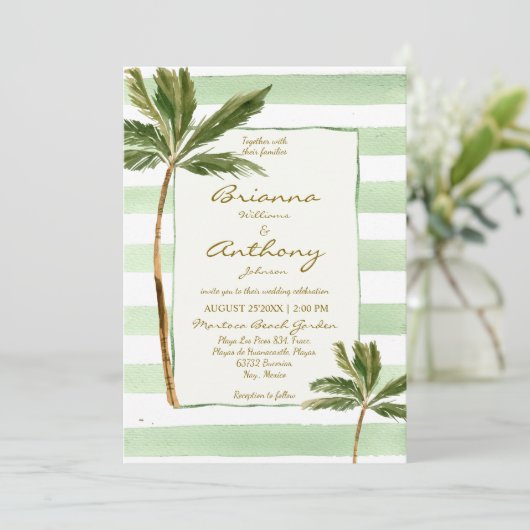 Invitation Mariage de plage de palmiers à rayures vertes (Debout devant)