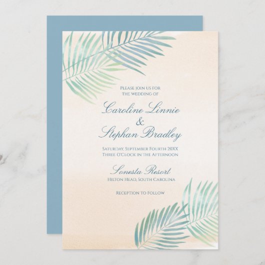 Invitation Mariage de plage de sable et de palmiers (Devant / Derrière)