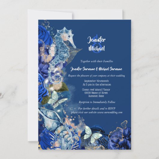 Invitation Mariage de plage de Seahorse papillon bleu orange (Devant)
