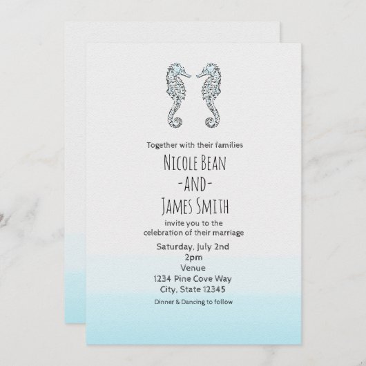 Invitation Mariage de plage élégant à deux hippocampes (Devant / Derrière)