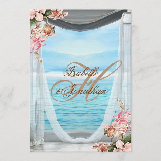 Invitation Mariage de plage élégant avec rideaux et orchidées (Devant)