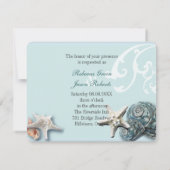 Invitation Mariage de plage élégant en bois Coquillages bleus (Dos)
