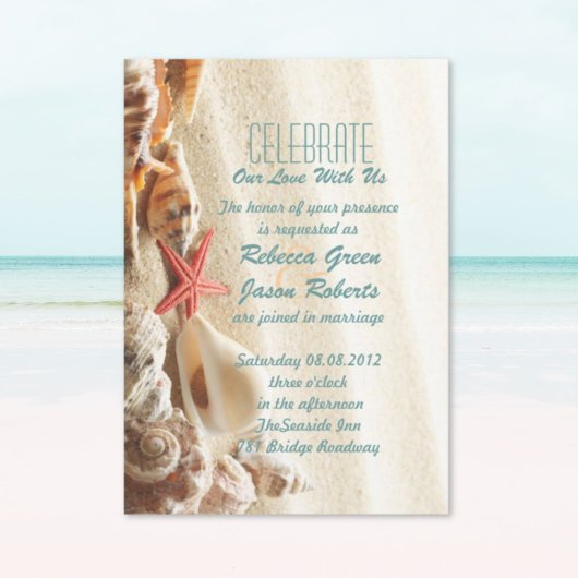 Invitation mariage de plage élégant sable océan coquillages