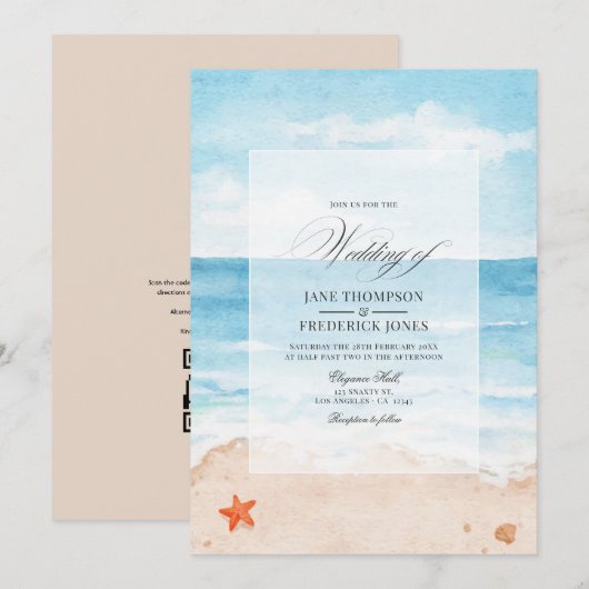 Invitation Mariage de plage en aquarelle été QR Code RSVP (Devant / Derrière)