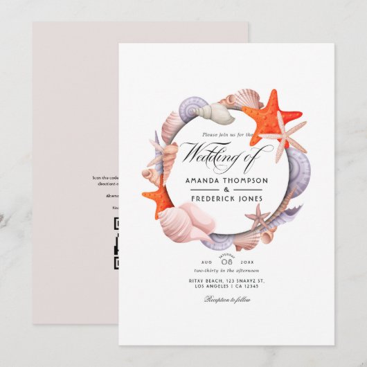 Invitation Mariage de plage en été avec QR Code RSVP (Devant / Derrière)