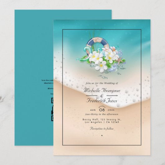 Invitation Mariage de plage en été avec QR Code RSVP (Devant / Derrière)