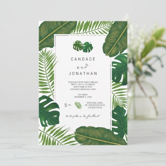 Invitation Mariage de plage Feuille tropicale peinte (Debout devant)