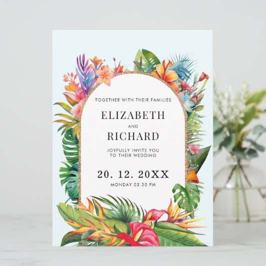 Invitation Mariage de plage fleurie Feuille tropicale (Debout devant)