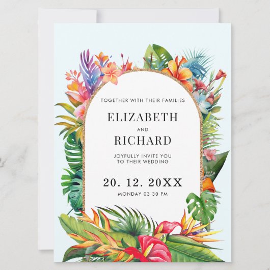 Invitation Mariage de plage fleurie Feuille tropicale (Devant)