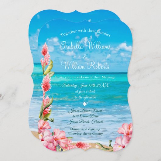 Invitation Mariage de plage fleurie tropicale (Devant / Derrière)