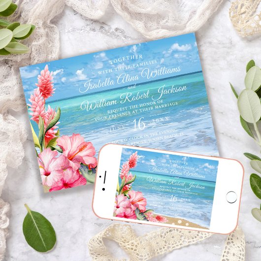 Invitation Mariage de plage floral tropical de ketmie