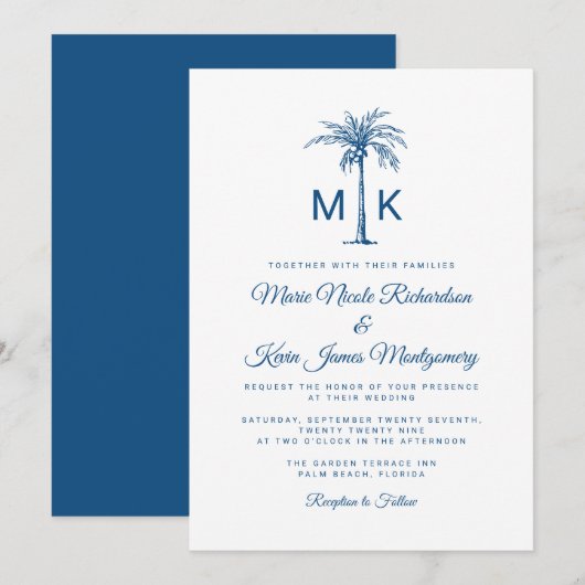 Invitation Mariage de plage formel avec palmier à monogramme (Devant / Derrière)