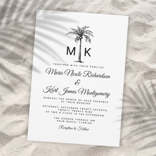 Invitation Mariage de plage formel Palmier tropical Monogramm