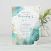 Invitation Mariage de plage moderne abstrait sarcelle et or (Debout devant)