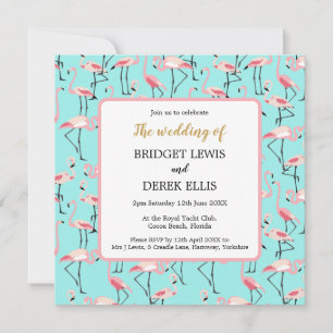 Invitation Mariage de plage moderne Flamant rose bleu rose