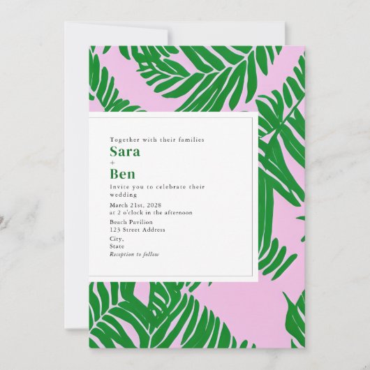 Invitation Mariage de plage moderne rose + vert Palm Tree (Devant)