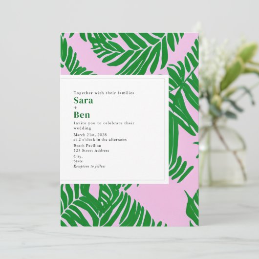 Invitation Mariage de plage moderne rose + vert Palm Tree (Debout devant)