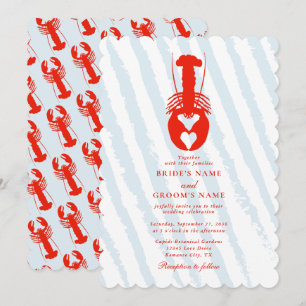 Invitation Mariage de plage nautique aux rayures bleues et cœ