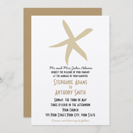 Invitation Mariage de plage nautique Starfish Or (Devant / Derrière)