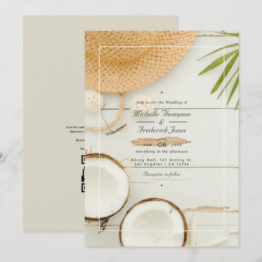 Invitation Mariage de plage QR Code RSVP Eté Rustique (Devant / Derrière)
