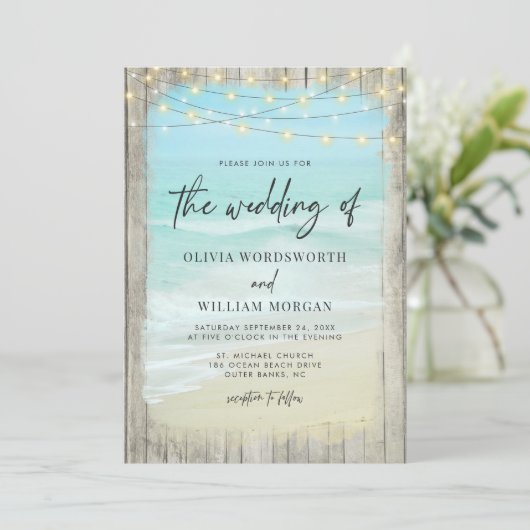 Invitation Mariage de plage rustique moderne QR Code Tout en  (Debout devant)