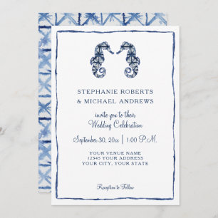 Invitation Mariage de plage Shibori Indigo Watercolor Seahors