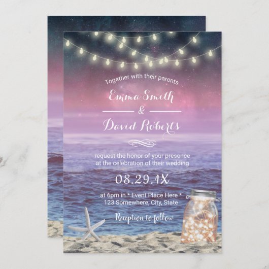 Invitation Mariage de plage Starfish Éclairage à cordes Mason (Devant / Derrière)